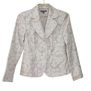 Ann Taylor Cream Floral Blazer 4 Petite Silk Cotton Womens Office Formal